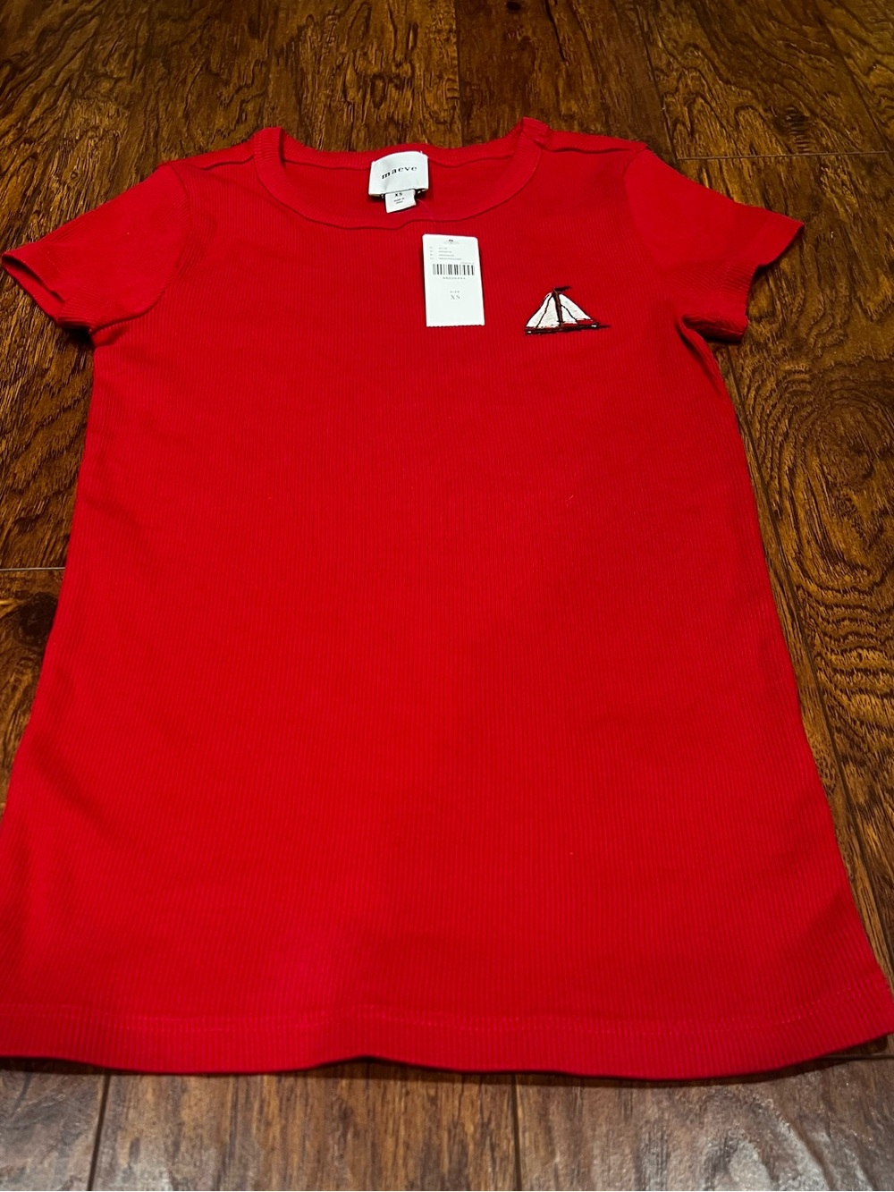 Maeve Anthropologie Red Short-Sleeve Ribbed Tee with Sailboat Patch XS